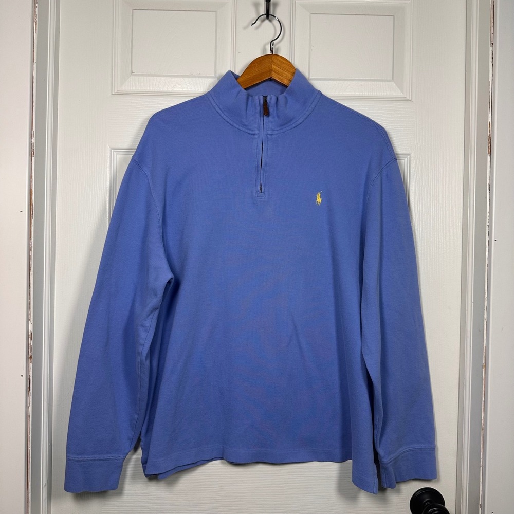 Polo‎ Ralph Lauren Mens XL Estate Rib Quarter Zip Pullover Blue Yellow Pony Logo